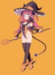  1girl black_thighhighs blade_(galaxist) blue_eyes blush brown_headwear closed_mouth demon_tail elizabeth_bathory_(fate) elizabeth_bathory_(fate/extra_ccc) fate/grand_order fate_(series) finger_cots flat_chest full_body hat highleg highleg_leotard highres holding horn_ornament horns horns_through_headwear leotard long_hair looking_at_viewer orange_background pink_hair pointy_ears pointy_footwear simple_background skindentation solo standing tail thighhighs two_side_up witch_hat 