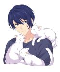  1boy animal_on_shoulder blue_eyes blue_hair blush cat character_request closed_mouth commentary_request hair_between_eyes helios_rising_heroes highres looking_at_another male_focus open_mouth sekina short_hair sideways_glance simple_background split_mouth upper_body whiskers white_background white_cat 