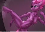  2019 abs action_pose anthro anthrofied areola bag blue_eyes bodily_fluids breasts broken_horn chrysalisdraws equid equine exposed_breasts eye_scar facial_scar female friendship_is_magic genitals hair hasbro horn kick loose mammal muscular muscular_anthro muscular_female my_little_pony my_little_pony:_the_movie_(2017) nipples nude pose punch purple_hair pussy raised_leg scar simple_background small_breasts solo spread_legs spreading sweat tempest_shadow_(mlp) text unicorn url 