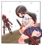  1girl 1other black_border black_eyes black_hair black_socks blouse blue_skirt border breasts brown_footwear commentary_request commission cougar_(cougar1404) crotch_seam frown grimace holding holding_sword holding_weapon katana loafers long_hair medium_breasts miniskirt necktie on_one_knee original outside_border panties partial_commentary purple_necktie school_uniform sheath sheathed shirt shoes short_sleeves skeb_commission skirt socks sweatdrop sword torn_clothes torn_shirt torn_skirt underboob underwear weapon white_panties white_shirt 