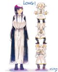  absurdres capelet chibi dress fern_(sousou_no_frieren) frieren full_body highres long_hair looking_at_another multiple_views pointy_ears purple_hair raven_mido signature simple_background sousou_no_frieren standing standing_on_person white_background white_capelet white_dress white_hair 