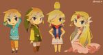  1boy artist_name belt blonde_hair blue_eyes closed_mouth green_headwear link looking_at_viewer multiple_persona parted_bangs pointy_ears princess_zelda short_hair sidelocks simple_background smile tetra the_legend_of_zelda the_legend_of_zelda:_the_wind_waker tokuura toon_link toon_zelda 