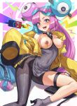  1girl :d absurdres ankle_boots asymmetrical_clothes bare_shoulders between_breasts black_pants blue_hair blush boots breasts breasts_out caee_penguin cellphone coat covered_navel grey_footwear grey_shirt heart high_heel_boots high_heels highres iono_(pokemon) large_breasts long_sleeves magnemite multicolored_hair nipple_piercing nipple_rings nipples open_clothes open_coat open_mouth pants phone piercing pokemon pokemon_(game) pokemon_sv purple_hair reclining sharp_teeth shirt single_pantsleg sleeves_past_wrists smartphone smile solo star_(symbol) teeth thigh_strap two-tone_hair unzipped upper_teeth_only yellow_coat yellow_eyes yoga_pants 