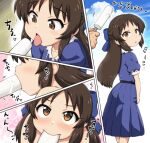  1girl 1other belt black_belt blue_bow blue_dress blue_sky bow brown_eyes brown_hair bubble_background close-up cloud commentary_request dress food hair_bow hase_yu holding holding_food holding_ice_cream ice_cream idolmaster idolmaster_cinderella_girls light_blush long_hair looking_at_viewer nude open_mouth parted_lips pink_background pleated_dress puffy_short_sleeves puffy_sleeves saliva sexually_suggestive short_sleeves sidelocks sky tachibana_arisu tongue tongue_out translation_request 