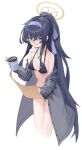  1girl absurdres bikini black_bikini black_hair blue_archive breasts coffee_cup cropped_legs cup disposable_cup glass grey_jacket hairband halo halterneck high_ponytail highres holding holding_cup holding_map jacket jewelry kuroja long_hair map necklace o-ring o-ring_bikini off_shoulder official_alternate_costume open_clothes open_jacket open_mouth purple_hairband round_eyewear simple_background small_breasts solo standing swimsuit ui_(blue_archive) ui_(swimsuit)_(blue_archive) white_background yellow_halo 