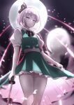  absurdres black_bow black_bowtie black_hairband bob_cut bow bowtie collared_shirt full_moon green_eyes green_skirt green_vest hairband highres holding holding_sword holding_weapon katana konpaku_youmu konpaku_youmu_(ghost) looking_at_viewer moon puffy_short_sleeves puffy_sleeves rinkaito1231 shirt short_sleeves skirt sword thighs touhou vest weapon white_hair white_shirt 