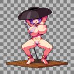 1girl blush bowl bowl_hat breasts checkered_background full_body gold hat huge_breasts looking_at_viewer mirukuro092 needle nipple_slip nipples one_eye_closed open_mouth pixel_art red_eyes smile solo spread_legs squatting sukuna_shinmyoumaru touhou wavy_hair 