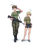 2girls aqua_eyes artist_logo assault_rifle black_footwear black_shorts boots braid brown_hair camouflage camouflage_pants full_body green_shirt gun height height_difference highres holding holding_weapon long_hair looking_at_viewer lyyti_aanismaa military_uniform multiple_girls neea_takarautio original ostwindprojekt pants rifle salute sandals seno_lepo shadow shirt shirt_tucked_in short_hair shorts simple_background twin_braids uniform walking watch weapon white_background wristwatch 