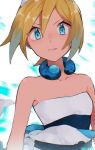  1girl alternate_color aqua_eyes bare_shoulders blonde_hair closed_mouth collar collarbone commentary_request dated hair_between_eyes highres irida_(pokemon) looking_at_viewer osigatoutoi_tou pokemon pokemon_(game) pokemon_masters_ex sash shirt short_hair solo strapless strapless_shirt upper_body white_shirt 
