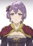  1girl armor bernadetta_von_varley bow breasts commentary_request earrings fire_emblem fire_emblem:_three_houses grey_eyes hair_between_eyes hair_bow hair_ornament isa_(peien516) jewelry looking_at_viewer medium_breasts purple_hair short_hair shoulder_armor simple_background solo tassel tassel_earrings 