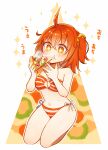  1girl absurdres bikini blush breasts commentary_request eating fate/grand_order fate_(series) food fujimaru_ritsuka_(female) fujimaru_ritsuka_(female)_(brilliant_summer) highres holding holding_food holding_pizza medium_breasts nijiomu olive orange_eyes orange_hair pepperoni pizza short_hair sitting solo sparkling_eyes swimsuit 