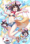  &gt;_&lt; 1girl ;d animal_ear_fluff animal_ears armpits bikini black_hair blue_archive bottle bracelet breasts brown_eyes chibi chibi_inset cleavage commentary_request denim denim_shorts eretto eyeshadow flower fox_ears fox_girl fox_tail hair_between_eyes hair_flower hair_ornament highres holding holding_bottle izuna_(blue_archive) izuna_(swimsuit)_(blue_archive) jewelry knees_together_feet_apart looking_at_viewer makeup medium_breasts medium_hair navel ninja official_alternate_costume one_eye_closed pom_pom_(clothes) pom_pom_hair_ornament ramune red_eyeshadow red_scarf rope sandals scarf scrunchie shimenawa short_shorts shorts sidelocks sleeveless smile solo stomach striped striped_bikini sunflower sunflower_hair_ornament swimsuit tail visor_cap wrist_scrunchie x_x 