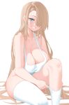  1girl adjusting_clothes adjusting_legwear asuna_(blue_archive) bare_arms bare_shoulders blonde_hair blue_archive bottomless breasts cleavage commentary_request grin hair_over_one_eye highres knee_up kono_(xerondan321) large_breasts long_hair looking_at_viewer one_eye_covered simple_background sitting smile solo tank_top thighhighs thighs very_long_hair white_background white_tank_top white_thighhighs 