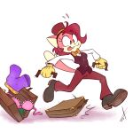  anthro atrox-c bellhop bow_tie clothing digital_media_(artwork) female fur gloves handwear pink_body pink_fur running sarah_n._dippity simple_background solo suitcase tongue tongue_out toony underwear white_background 
