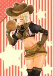  1girl 2000s_(style) archived_source belt belt_buckle black_thighhighs blonde_hair blush boned_meat breasts brown_belt brown_eyes brown_gloves brown_shorts buckle chain cowboy_hat food food_bite gloves hand_on_hip hand_up hat holding juliet_sleeves leg_belt legs_together lileas long_sleeves mabinogi meat medium_breasts navel open_mouth orange_ribbon outline puffy_sleeves ribbon shararan short_hair shorts sleeve_ribbon solo standing star_(symbol) teeth thighhighs thighs upper_teeth_only white_outline 