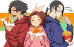  1girl 2boys ^_^ black_eyes black_hair blue_hoodie blush_stickers bow brown_hair burger closed_eyes commentary_request dated earrings eating fast_food food foodgasm french_fries fuu_(samurai_champloo) glasses hair_bow holding holding_food hood hoodie jewelry jinnosuke kawazu_(kwzuuun) long_sleeves mugen_(samurai_champloo) multiple_boys open_mouth pink_bow pink_hoodie profile red_hoodie samurai_champloo short_hair sideways_mouth upper_body 