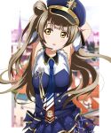  1girl armpits arms_behind_head arms_up bare_shoulders bird blue_dress blue_necktie blue_skirt breasts brown_hair detached_sleeves dress hat highres long_hair love_live! love_live!_school_idol_project lovely_police_(minami_kotori) minami_kotori necktie open_mouth police police_hat police_uniform policewoman skirt sleeveless sleeveless_dress uniform 