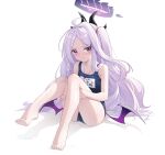  1girl ahoge barefoot blue_archive blush closed_mouth collarbone demon_girl demon_horns demon_wings eyelashes feet flat_chest forehead full_body halo highres hina_(blue_archive) hina_(swimsuit)_(blue_archive) horns knees_together_feet_apart knees_up legs light_purple_hair long_hair looking_at_viewer low_wings multiple_horns name_tag official_alternate_costume on_ground one-piece_swimsuit parted_bangs purple_eyes school_swimsuit shenqi_xiao_hong_zai_nali sitting solo swimsuit thighs toes very_long_hair wet whistle whistle_around_neck wings 