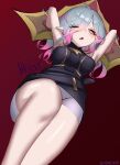  1girl absurdres ahoge armpits arms_up artist_name babsot belt black_belt blush breasts briar_(league_of_legends) chained_wrists character_name eyes_visible_through_hair fang feet_out_of_frame grey_hair hair_between_eyes hair_ornament highres knee_up knees league_of_legends legs long_hair looking_at_viewer lying medium_breasts multicolored_hair on_back open_mouth pink_hair pointy_ears red_background red_pupils simple_background skin_fang solo streaked_hair thighs two-tone_hair underpants vampire white_eyes wrist_cuffs 