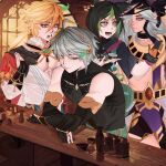  4boys absurdres alhaitham_(genshin_impact) blonde_hair cyno_(genshin_impact) genshin_impact gloves green_hair grey_hair hair_between_eyes highres jobin_chan kaveh_(genshin_impact) long_hair looking_at_viewer multiple_boys open_mouth shirt sleeveless smile tavern tighnari_(genshin_impact) 