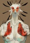  anthro avian beak bird breasts claws ejaculation feathers female fingers hands-free hi_res hierro_(artist) humanoid_hands long_neck muscular muscular_female nipples red_hands solo solo_focus white_body 
