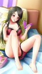  1girl bare_arms bare_legs barefoot black_hair blush bra breasts brown_eyes cleavage collarbone doukyuusei doukyuusei_another_world feet female_masturbation full_body game_cg indoors knees_up legs long_hair masaki_natsuko masturbation medium_breasts on_bed open_mouth panties panties_around_one_leg pillow red_bra red_panties sex_toy sitting solo swept_bangs toes underwear underwear_only very_long_hair wavy_mouth 
