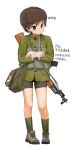  1girl ankle_socks bag brown_eyes brown_hair green_footwear green_socks military military_uniform original short_hair shoulder_bag simple_background socks solo uniform white_background zhongye_yu 