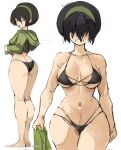  1girl aged_up ass avatar:_the_last_airbender avatar_legends bikini black_bikini black_hair breasts collarbone cropped_hoodie curvy from_behind full_body green_hairband green_hoodie grin hair_over_eyes hairband highres holding holding_towel hood hoodie large_breasts looking_at_viewer multiple_views navel rakeemspoon short_hair simple_background smile standing stomach swimsuit thighs toph_bei_fong towel wide_hips 