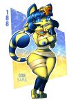  animal_crossing ankha_(animal_crossing) anthro areola bandage blue_areola blue_background blue_eyes blue_hair blue_lipstick blue_nipples blue_pubes blue_stripes domestic_cat egyptian_headdress felid feline felis female fur genitals hair hand_under_breast hi_res lipstick looking_at_viewer makeup mammal markings nintendo nipple_piercing nipples open_mouth piercing pubes pupils pussy raccoon_sama short_hair simple_background slit_pupils solo striped_markings striped_tail stripes tail tail_markings thick_thighs white_background wide_hips yellow_background yellow_body yellow_fur 