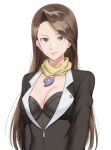  1girl ace_attorney black_jacket breasts brown_hair cleavage commentary earrings haniwa_(8241427) highres jacket jewelry long_hair long_sleeves magatama magatama_necklace mia_fey mole mole_under_mouth necklace scarf smile solo suit_jacket upper_body white_background yellow_scarf 