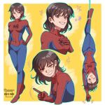  1girl bodysuit border breasts brown_eyes brown_hair closed_mouth commentary cosplay english_commentary full_body han_sooyoung hand_on_own_hip heart highres looking_at_viewer marvel mole mole_under_eye multiple_views nadardoh omniscient_reader&#039;s_viewpoint open_mouth short_hair simple_background smile spider-man spider-man:_into_the_spider-verse spider-man_(cosplay) spider-man_(series) standing star_(symbol) sweat upside-down white_border yellow_background 