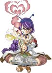  1girl book brown_eyes brown_footwear crossed_legs fake_antennae full_body gate_of_nightmares glasses grin heart highres holding_vial jacket long_hair looking_at_viewer mashima_hiro official_art one_eye_closed open_book open_clothes open_jacket purple_hair sandals simple_background sitting smile smoke solo transparent_background varcelio_(gate_of_nightmares) white_jacket 
