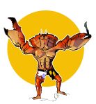  abs anthro arthropod bedupolker bottomwear clothed clothing crab crustacean decapoda eyestalks glistening glistening_body hi_res holding_object malacostracan male marine muscular muscular_male nipples pincers raised_arms red_body shorts shorts_only solo step_pose topless topless_male 