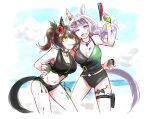  ;d absurdres animal_ears aruchi000 bikini black_bikini black_one-piece_swimsuit blunt_bangs breasts brown_hair cleavage explosive eyewear_on_head feet_out_of_frame flower genderswap genderswap_(mtf) gold_ship_(run_revolt_launcher)_(umamusume) gold_ship_(umamusume) green_eyes grenade grey_hair hair_flower hair_ornament highres holding holding_grenade holding_water_gun holster horse_ears horse_girl horse_tail jewelry just_a_way_(racehorse) large_breasts looking_at_viewer necklace official_alternate_costume one-piece_swimsuit one_eye_closed original paint_splatter personification purple_eyes side_ponytail smile sunglasses swimsuit tail thigh_holster umamusume water_gun 