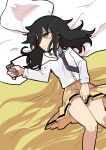  1girl absurdres bed between_legs black_hair blue_necktie blush breasts bright_pupils closed_mouth collared_shirt digital_media_player dress_shirt earbuds earphones feet_out_of_frame green_eyes hand_between_legs highres holding_digital_media_player indoors ipod kita_senju knees_together_feet_apart kuroki_tomoko long_hair long_sleeves looking_to_the_side lying medium_skirt messy_hair necktie on_back on_bed pillow pleated_skirt shirt shirt_tucked_in single_sidelock skirt small_breasts solo straight_hair sweat watashi_ga_motenai_no_wa_dou_kangaetemo_omaera_ga_warui! wavy_mouth white_shirt yellow_skirt 