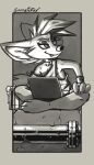  animal_humanoid beverage beverage_can big_ears big_eyes canid canid_humanoid canine canine_humanoid choker clothing comic_panel computer cracked_ground cracked_wall cracking cracks crossed_legs enby fennec fennec_humanoid fox fox_humanoid glowing humanoid jewelry laptop laptop_on_lap looking_back looking_offscreen looking_over_shoulders loose_shirt mammal mammal_humanoid monochrome necklace nonbinary_(lore) pipe shirt sitting sitting_on_ground sketch softailfox tank_top topwear 