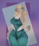  anthro big_ears blonde_hair bones_(deermary) breasts camel_toe claws cleavage clothed clothing colored_nails deermary female fur green_claws green_clothing hair hyena leucistic long_nails mammal nails short_tail smile solo sportswear spots spotted_body spotted_fur spotted_hyena tail thick_thighs wide_hips yellow_eyes 