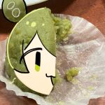  1girl :3 bisected commentary_request food food_bite from_above green_eyes green_hair hair_as_food head_only highres milk_(milk319319) no_sclera on_table open_mouth pea_pod photo_background smile solo table tareme voicevox zunda_mochi zundamon 
