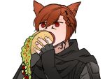  1boy animal_ears brown_hair cat_ears final_fantasy final_fantasy_xiv fingerless_gloves g&#039;raha_tia gloves grey_gloves hair_ornament kyou_(ningiou) male_focus miqo&#039;te open_mouth red_eyes simple_background solo spilling taco white_background x_hair_ornament 