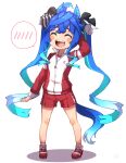  ahoge animal_ears arm_behind_head arm_up blue_hair chibi closed_eyes full_body highres horse_ears horse_girl horse_tail jacket long_sleeves open_mouth red_jacket red_shorts sharp_teeth shorts speech_bubble spoken_blush tail teeth thin_(suzuneya) tongue track_jacket twin_turbo_(umamusume) twintails umamusume upper_teeth_only white_background zipper zipper_pull_tab 