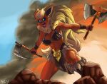  2023 anthro armor barbarian bikini_armor biped black_nose blonde_hair bottomwear breasts brushstroke cheek_tuft clothed clothing dual_wielding eeveelution eyebrows facial_tuft female flareon front_view generation_1_pokemon hair hi_res holding_axe holding_object holding_weapon loincloth midriff muscular muscular_female navel neck_tuft ninetales nintendo open_mouth orange_body outside pikachu pokemon pokemon_(species) solo standing teeth tongue tuft unconvincing_armor weapon yelling 