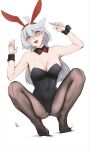  1girl absurdres ahoge animal_ears artist_name black_leotard black_pantyhose black_wrist_cuffs blush bow bowtie breasts cleavage covered_navel detached_collar fake_animal_ears full_body grey_eyes grey_hair gundam gundam_suisei_no_majo hair_between_eyes hands_up highres large_breasts leotard long_hair looking_at_viewer miorine_rembran open_mouth pantyhose playboy_bunny rabbit_ears red_bow simple_background solo strapless strapless_leotard tierla tongue tongue_out white_background wrist_cuffs 