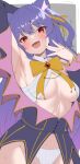  .live 1girl absurdres animal_ears armpits biro-budou breasts commentary_request fang grey_background groin hair_ornament highres looking_at_viewer navel panties purple_hair red_eyes ribbon rurun_rururica small_breasts solo underwear virtual_youtuber wolf_ears 
