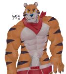  abs anthro balls bandanna biceps blue_nose clothed clothing digital_media_(artwork) felid frosted_flakes fur genitals hi_res hittoga kellogg&#039;s kerchief looking_at_viewer male mammal mascot muscular muscular_anthro muscular_male pantherine partially_clothed pecs penis red_clothing red_underwear simple_background solo stripes tiger tony_the_tiger underwear undressing white_background 