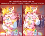  3:4 anthro blonde_hair blush clothed clothing digital_media_(artwork) domestic_cat english_text felid feline felis fur girly hair hi_res humor laugh male mammal meme navel open_mouth party pink_eyes public shaded solo talia_(tasticstarlight) tasticstarlight text 