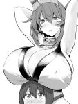  1boy 1girl admiral_(kancolle) armpits arms_behind_head blush breast_rest breasts breasts_on_head cleavage covered_nipples crop_top greyscale hair_between_eyes hairband highres huge_breasts kantai_collection kloah little_boy_admiral_(kancolle) medium_hair monochrome mutsu_(kancolle) mutsu_kai_ni_(kancolle) radio_antenna 