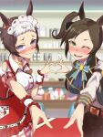  2girls animal_ears belt blurry blurry_background blush bow bowtie box breasts brown_hair brown_pants closed_mouth clothing_cutout cosplay costume_switch gift gift_box green_eyes heart heart_hands heart_in_eye highres holding holding_gift horse_ears indoors ines_fujin_(melty_gift)_(umamusume) ines_fujin_(umamusume) large_breasts long_sleeves maid_headdress medium_breasts mejiro_ryan_(margaret_latte)_(umamusume) mejiro_ryan_(umamusume) miya_ken multicolored_hair multiple_girls nose_blush one_eye_closed open_mouth pants reaching_towards_viewer red_skirt shirt short_hair short_sleeves shoulder_cutout side_ponytail skirt smile sweat symbol_in_eye two-tone_hair umamusume valentine vest wavy_mouth white_shirt wrist_cuffs 