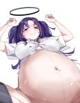  1girl absurdres big_belly blue_archive blush breasts breasts_apart commission halo highres large_breasts long_hair lying on_back pixiv_commission pregnant purple_eyes purple_hair shirt simple_background smile solo sstthei tears twintails white_background white_shirt yuuka_(blue_archive) 