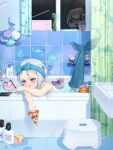  1girl absurdres bath bathing bathroom bathtub blue_hair fins fish_tail food gawr_gura hair_ornament highres holding hololive hololive_english monmo_mu multicolored_hair partially_submerged pizza shark_girl shark_hair_ornament shark_tail smol_ame solo tail virtual_youtuber watermark white_hair window 