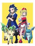 1boy 1girl adaman_(pokemon) arm_wrap blonde_hair blue_coat blue_eyes blue_hair border brown_eyes closed_mouth coat collar collarbone commentary_request crossed_arms earrings eyebrow_cut glaceon hair_between_eyes hairband highres irida_(pokemon) jayj_824 jewelry knees leafeon multicolored_hair open_clothes open_coat pokemon pokemon_(creature) pokemon_(game) pokemon_legends:_arceus ponytail red_footwear red_hairband sash shirt shoes short_shorts shorts smile standing strapless strapless_shirt waist_cape white_border white_shorts yellow_background 